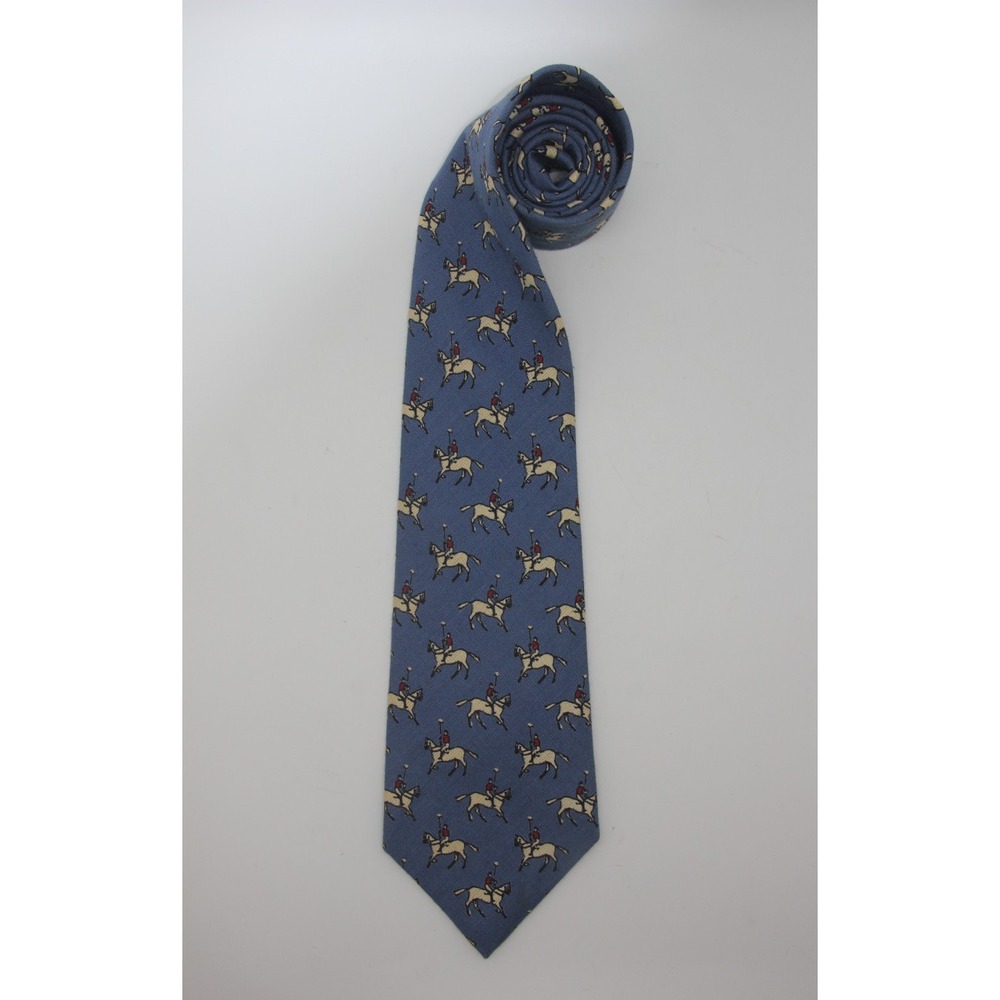 Vintage Ralph Lauren Polo Equestrian Jockey Horse Rider Tie Blue Linen Preppy